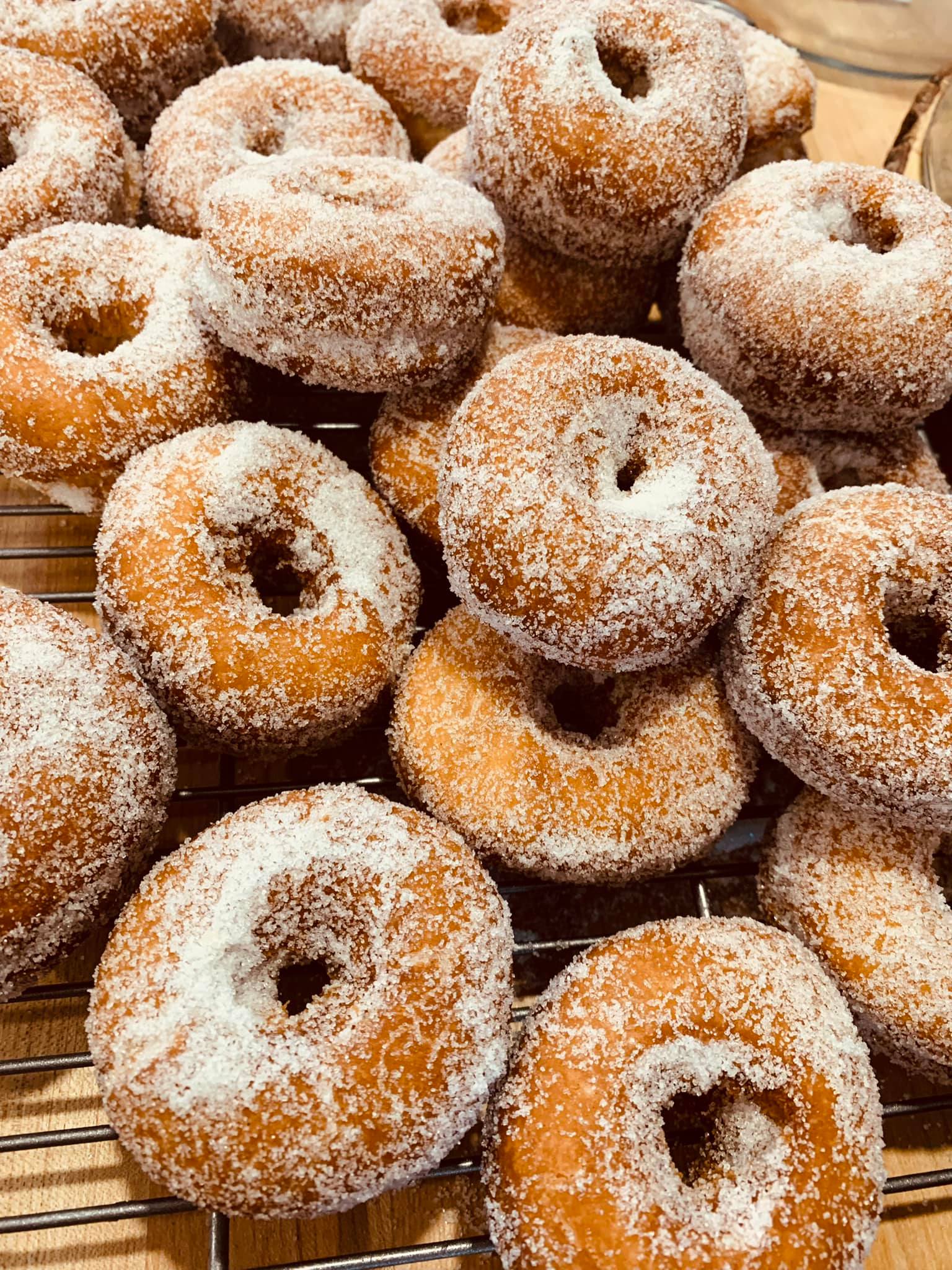 A plate of homemade old-fashioned doughnuts coated in sugar, golden brown and tender inside.