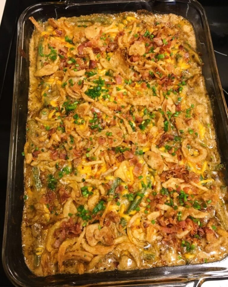 Loaded Green Bean Casserole with Bacon & Cheese