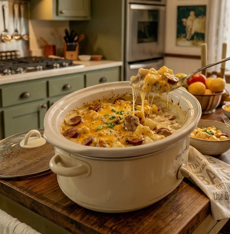 Crockpot Cheesy Potatoes and Beef Kielbasa